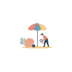 Summer beach exploration concept with seashells and umbrella for design