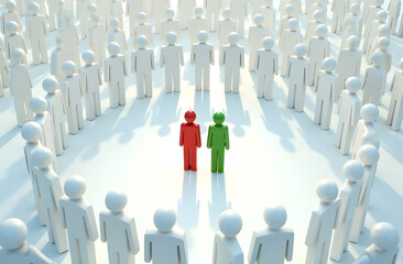 Red and green faceless silhouettes against a faceless white mass of people. Social society.