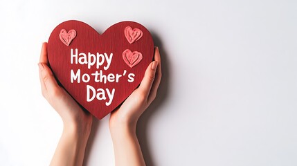 Obraz premium Hands holding a heart-shaped sign with 'Happy Mother's Day' on a white background, conveying love and celebration.