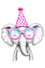 Fototapeta premium Cute Baby Elephant with Colorful Festive Party Hat and Glasses Portrait Graphic Isolated on White Background