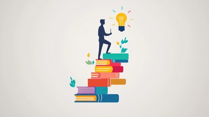 Businessman Climbing Stack of Books to Lightbulb, Idea, Knowledge, Success