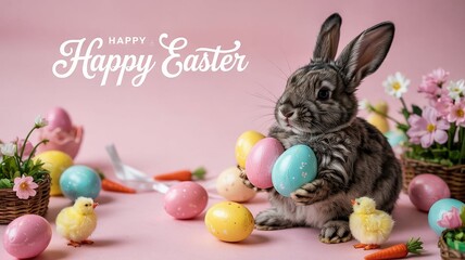 Bunny with easter eggs on a pink background , happy Easter text