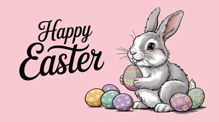 Happy Easter Text with bunny holding easter eggs 