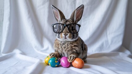 easter bunny with easter eggs wearing glasses on white background 