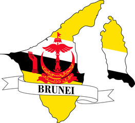 The map of Brunei overlaid with the Brunei flag and its name written on a ribbon