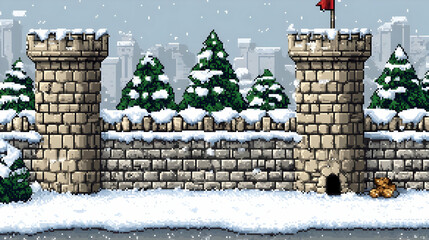 Pixel Art Snowy Castle Wall with Trees and Distant City Skyline Under Grey Sky in Winter Season