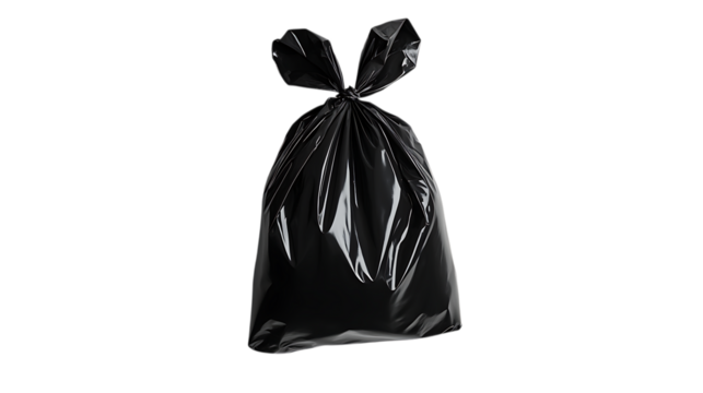 Black plastic pet waste bag, isolated on white. Responsible disposal solution for dog owners. Hygiene and cleanliness concept for pet care.