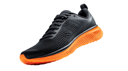Black running shoe with orange sole isolated on white. Modern sports sneaker for fitness, jogging, and workout.
