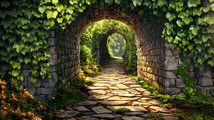 Fototapeta premium Ancient stone pathway ivy covered walls scene. Stone-Sealed Secret. Illustration