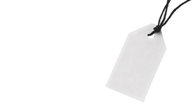 Blank white price tag with a black string on a white background. A minimalist retail display accessory ready for branding and customization.