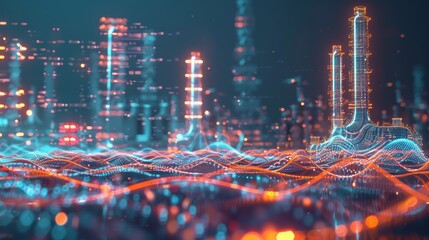 A Futuristic Industrial Landscape with captivating Neon Lights and intricate Abstract Data Visualization