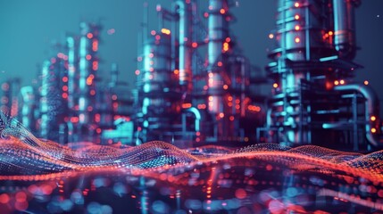 A Futuristic Industrial Landscape with captivating Neon Lights and intricate Abstract Data Visualization