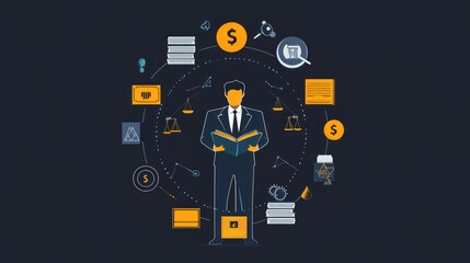 Businessman reading book surrounded by legal icons