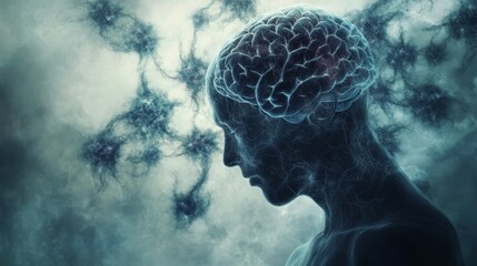  Digital figure with glowing brain and neural network connections