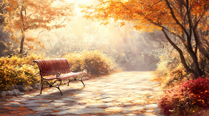 Serene garden bench, sunlit stone path, autumn leaves. Stone-Sealed Secret. Illustration