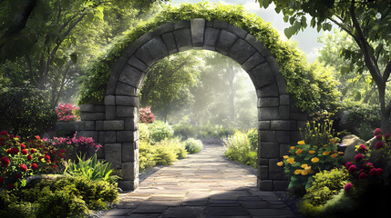 Fototapeta premium Stone archway entrance to a serene garden. Stone-Sealed Secret. Illustration