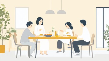 Family Gathering at the Dining Table: A Cozy Illustration of a Family Mealtime