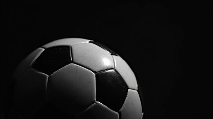 Naklejka premium close-up of a soccer ball against a sleek black background, highlighting its classic black and white hexagonal pattern and texture