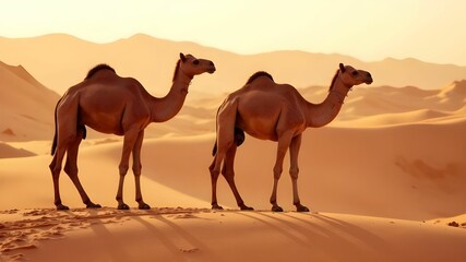 Two camels stand in golden desert sands at sunset with mountains in the background