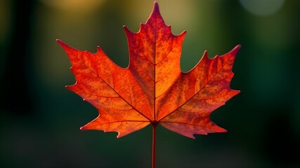 Vibrant red maple leaf illuminated by sunlight in a serene forest setting during autumn