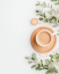 A cozy cup of coffee surrounded by greenery and a snack on a wooden plate.