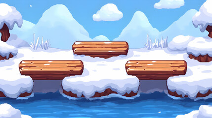 Pixel Art Winter Landscape with Snowy Mountains Blue Sky and Wooden Platforms for a Video Game Setting