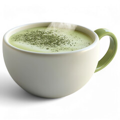 Matcha Latte in a Mug: Warm, creamy matcha latte in a large mug with a light green handle.  Steam rises gently from the surface, hinting at warmth and comfort.