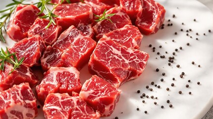 Chopped steak cubes arranged on white marble cutting board, raw beef with visible marbling, rosemary and black peppercorn garnish, natural light food photography