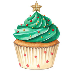 Christmas tree cupcake with green cream, yellow and red sprinkles and star on top. Isolated watercolor illustration. Food illustration.