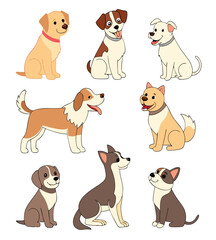 Cartoon Dog Breed Collection – Cute and Playful Vector Illustrations of Various Dogs in Flat Design.