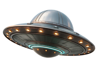 Metallic flying saucer hovering above a landscape at night