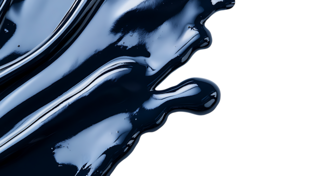 Dark blue liquid paint drips flowing on a white background. A modern abstract art element with a fluid, dripping effect.