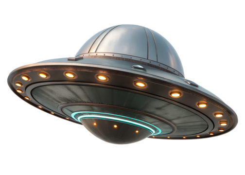 Metallic flying saucer hovering above a landscape at night