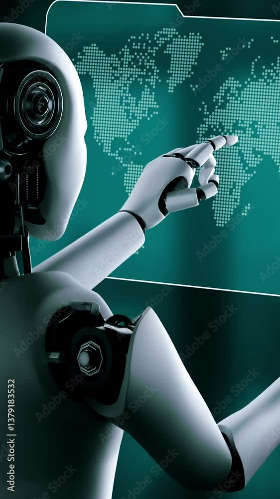 Poster ai hominoid robot touching virtual hologram screen showing concept of big data analytic using artifi