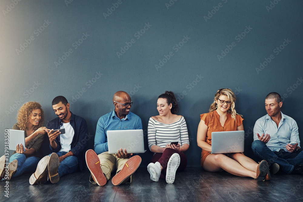 Poster studio, floor and group of business people at with laptop, smile and online connectivity with mockup
