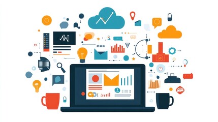 Laptop with business data icons, workflow concept
