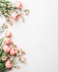 Soft pink tulips and delicate flowers arranged elegantly on a light background.