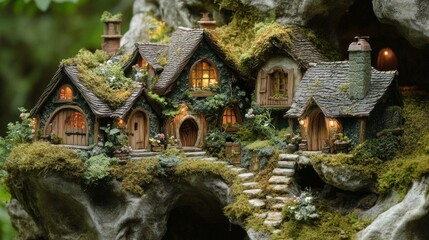 Fototapeta premium Enchanted Miniature Village nestled on Mossy Rock