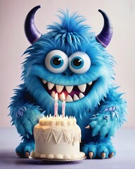 Funny, smiling blue monster with a birthday cake, for commercial 3D animation, design, and digital art purposes.