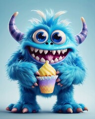 Funny, smiling blue monster with ice cream, for commercial 3D animation, design, and digital art purposes.