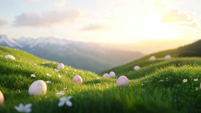 A serene landscape video with a low-angle view of rolling grassy hills dotted with pastel Easter eggs and small flowers under a soft, glowing sky. Live desktop wallpaper.