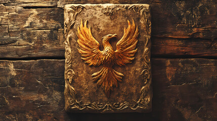 Ancient stone tablet with fiery phoenix emblem on rustic wooden background mysterious ornate design symbolizes power and rebirth ideal for fantasy themed decor. Fabled Stele. Illustration