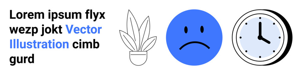 Potted plant, sad emoticon, clock, and text block arranged in clean vector style. Ideal for time management, mood depiction, productivity, scheduling, minimalism workplace flat landing page banner