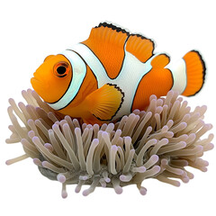 Colorful Clownfish Hiding Among Sea Anemones Isolated on Transparent Background