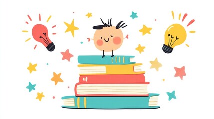 Naklejka premium Cute child on books with lightbulbs, education concept, vector illustration