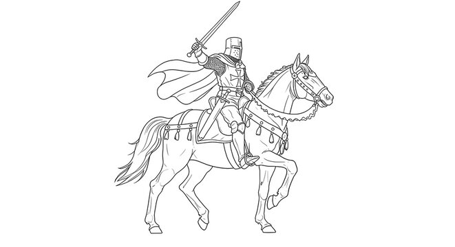 Medieval Knight on Horseback Line Art Illustration a valiant warrior astride his steed ready for battle
