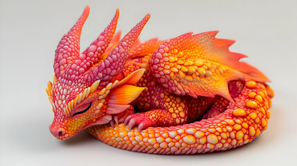 Sleeping Dragon Sculpture with Detailed Scales in Shades of Orange Yellow and Red on White Background