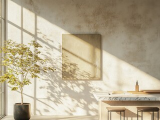 A white wall with a picture of a tree on it. The tree is in a black pot