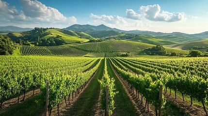 Fototapeta premium A breathtaking view of lush vineyards under a clear blue sky, nestled among rolling green hills, showcasing the beauty of nature and agriculture.