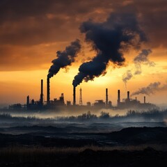 Obraz premium Factory pollution hazard carbon concept. A silhouette of industrial smokestacks exhaling dark smoke against a dramatic sunset, highlighting the impact of pollution on the environment.